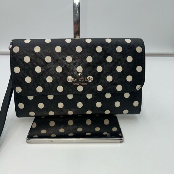 Kate Spade Classic Black with White Polka Dot Long Wallet/Wristlet - Picture 1 of 9